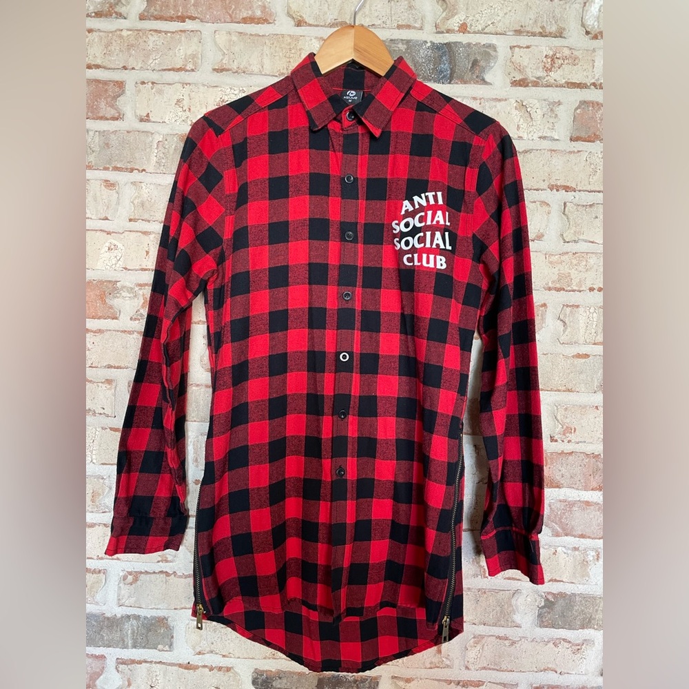 UNISEX M Buffalo Check Red and Black Button Down Flannel Shirt W/Side Zippers